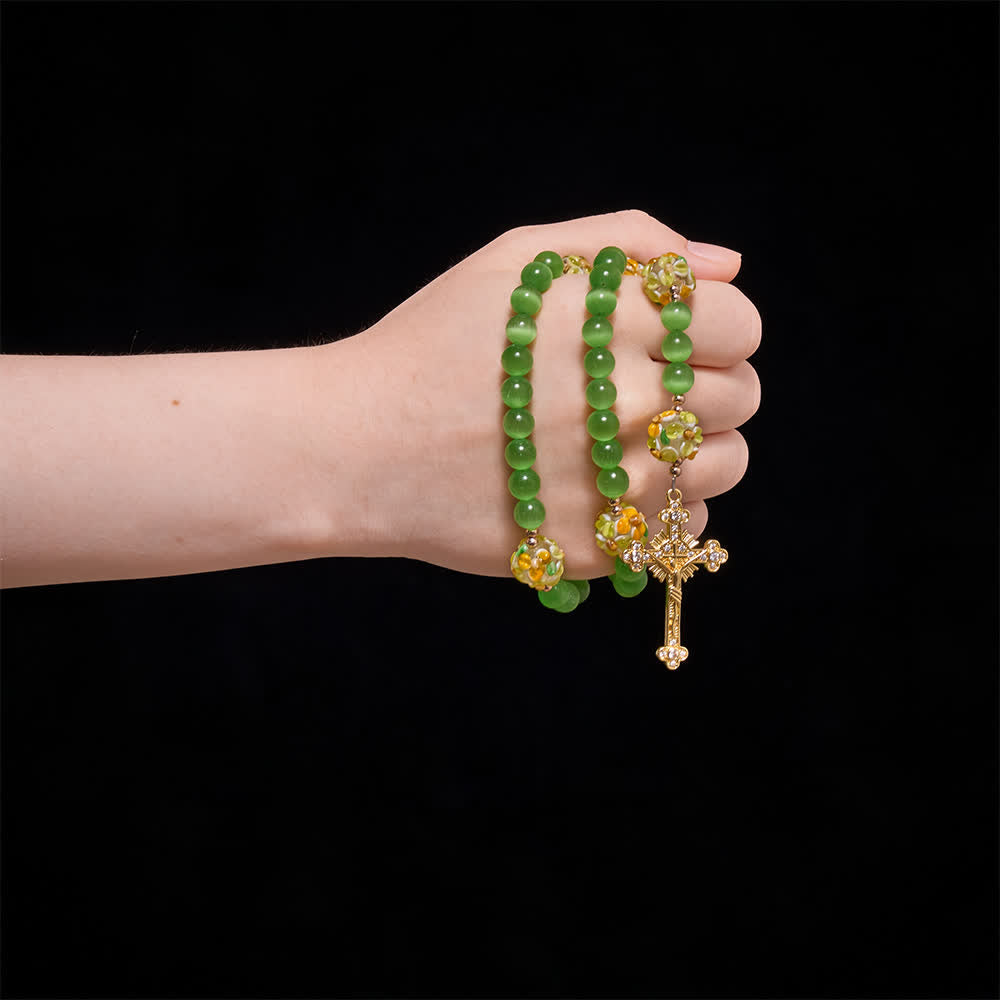 Christianartworkshop Green Cat's Eye Stone Rosary With Floral Lampwork Glass Beads: Emblem of Vibrant Heavenly Blessings - image 1