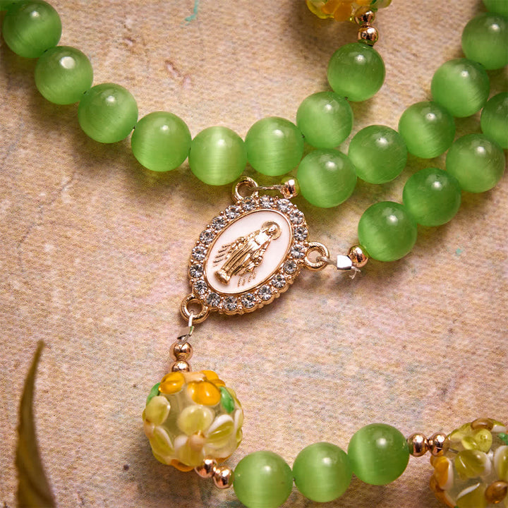Christianartworkshop Green Cat's Eye Stone Rosary With Floral Lampwork Glass Beads: Emblem of Vibrant Heavenly Blessings - image 6