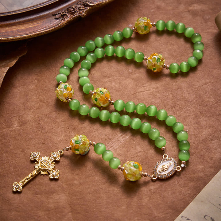 Christianartworkshop Green Cat's Eye Stone Rosary With Floral Lampwork Glass Beads: Emblem of Vibrant Heavenly Blessings - image 4