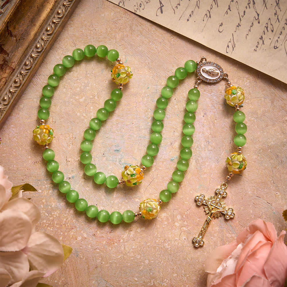 Christianartworkshop Green Cat's Eye Stone Rosary With Floral Lampwork Glass Beads: Emblem of Vibrant Heavenly Blessings - image 2