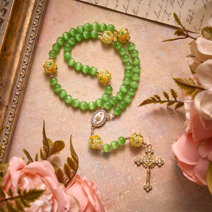 Christianartworkshop Green Cat's Eye Stone Rosary With Floral Lampwork Glass Beads: Emblem of Vibrant Heavenly Blessings - Green Cat's Eyes Stone Floral Rosary - image 0