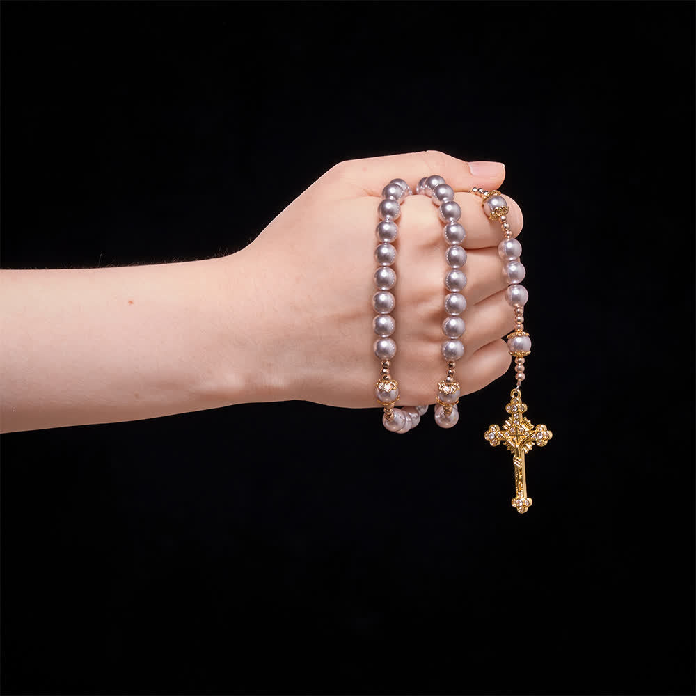 Christianartworkshop Pale Pinkish Purple  Pearl Our Lady Rosary With Jeweled Golden Crucifix: Emblem of Pure Heavenly Tenderness - image 1