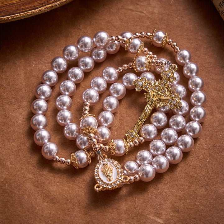 Christianartworkshop Pale Pink Pearl Our Lady Rosary With Jeweled Golden Crucifix: Emblem of Pure Heavenly Tenderness - image 4