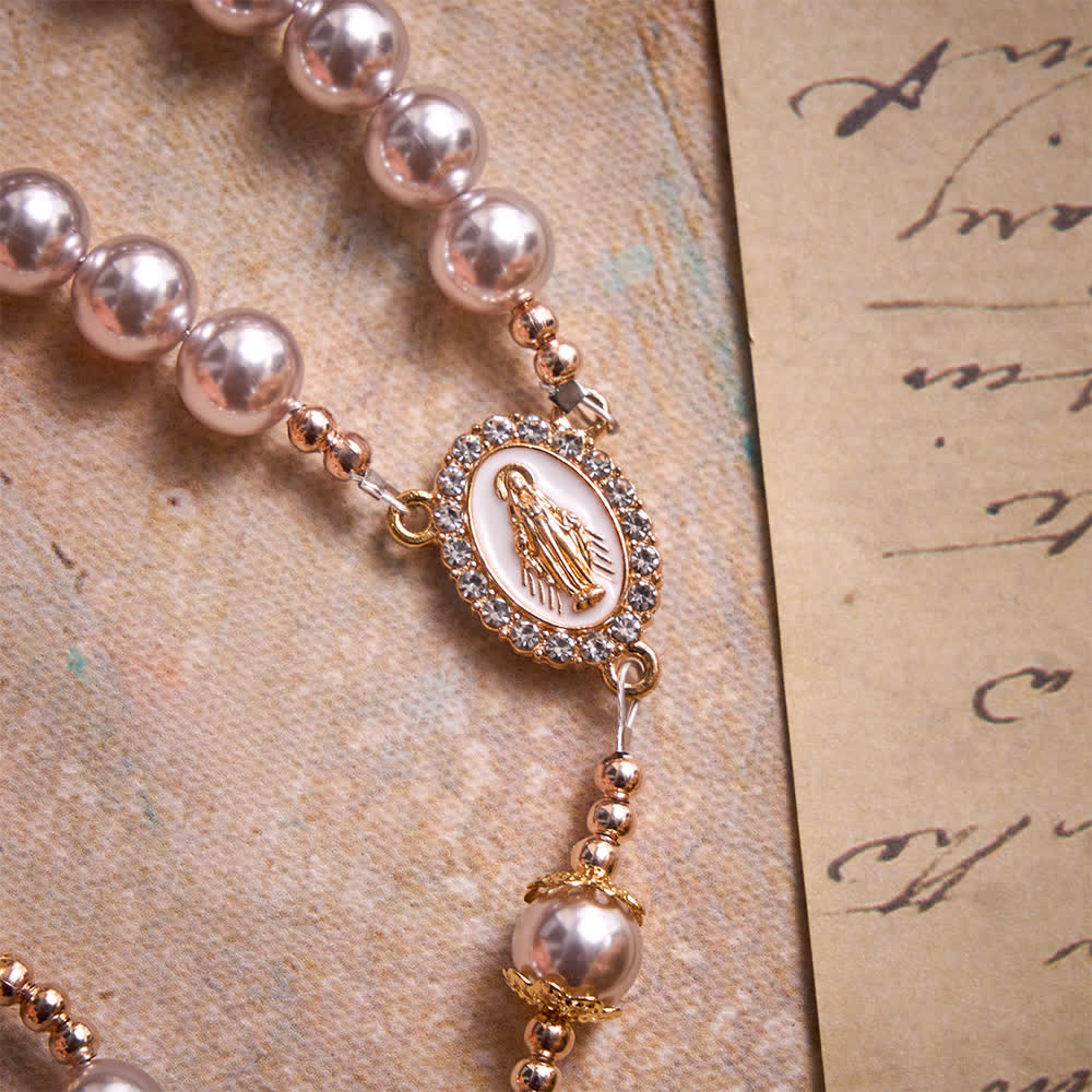 Christianartworkshop Pale Pink Pearl Our Lady Rosary With Jeweled Golden Crucifix: Emblem of Pure Heavenly Tenderness - image 6