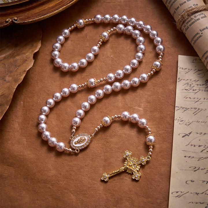 Christianartworkshop Pale Pink Pearl Our Lady Rosary With Jeweled Golden Crucifix: Emblem of Pure Heavenly Tenderness - image 3