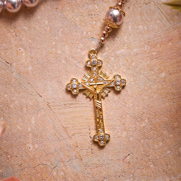 Christianartworkshop Pale Pink Pearl Our Lady Rosary With Jeweled Golden Crucifix: Emblem of Pure Heavenly Tenderness - image 7