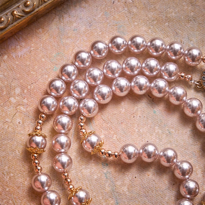 Christianartworkshop Pale Pink Pearl Our Lady Rosary With Jeweled Golden Crucifix: Emblem of Pure Heavenly Tenderness - image 5