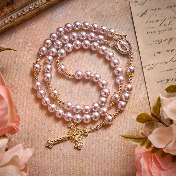 Christianartworkshop Pale Pink Pearl Our Lady Rosary With Jeweled Golden Crucifix: Emblem of Pure Heavenly Tenderness - image 2