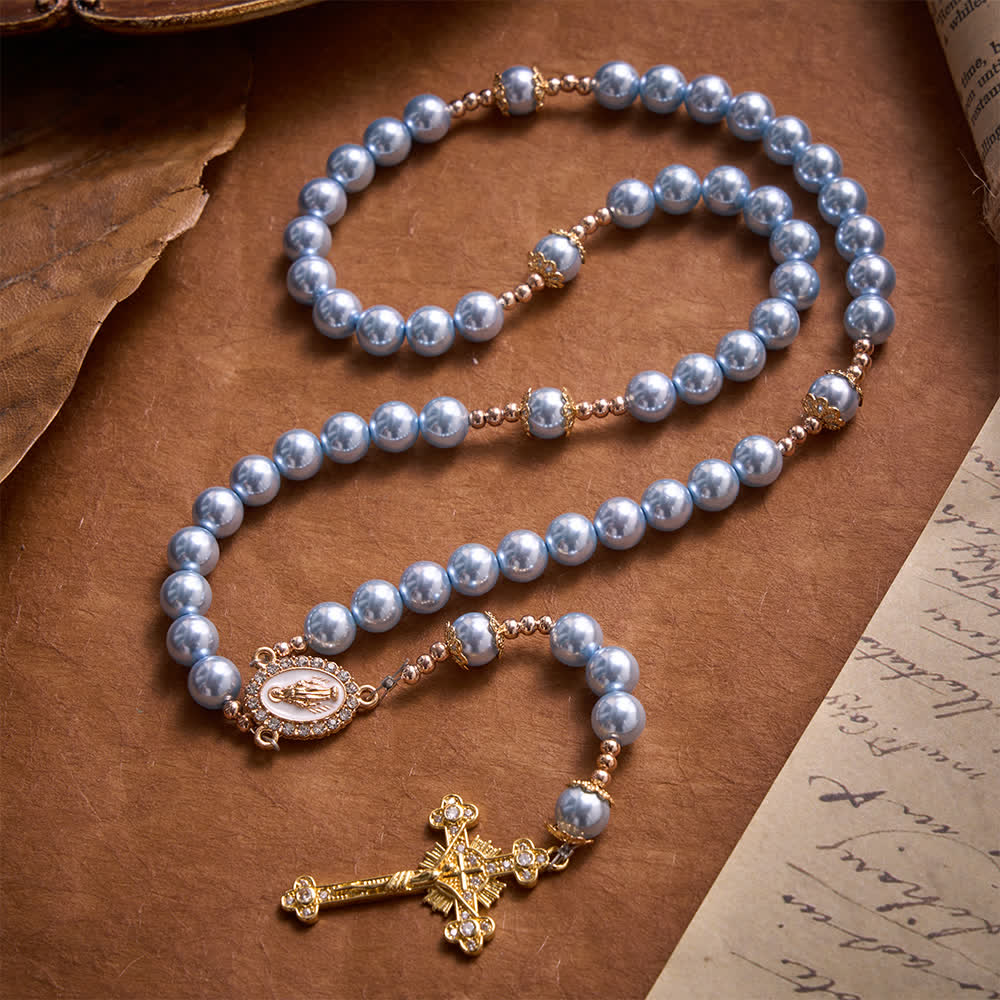 Christianartworkshop Sky Blue Pearl Our Lady Rosary With Jeweled Golden Crucifix: Emblem of Serene Heavenly Peace - image 3