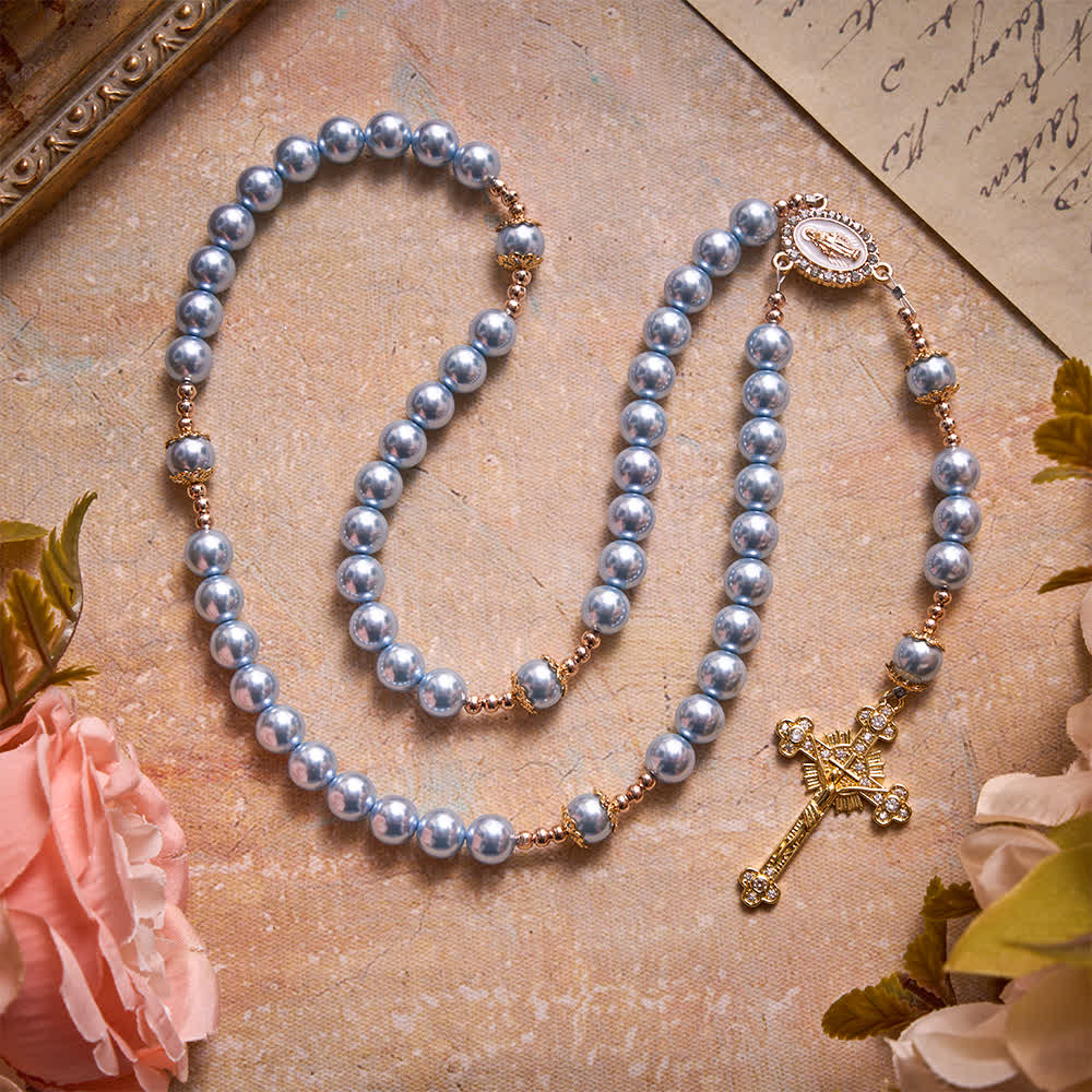 Christianartworkshop Sky Blue Pearl Our Lady Rosary With Jeweled Golden Crucifix: Emblem of Serene Heavenly Peace - Blue Pearl Rosary - image 0