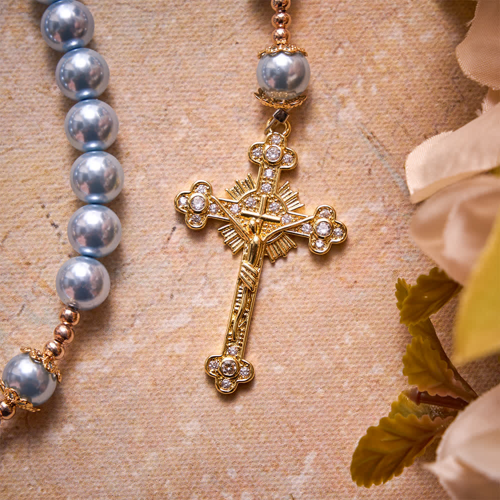 Christianartworkshop Sky Blue Pearl Our Lady Rosary With Jeweled Golden Crucifix: Emblem of Serene Heavenly Peace - image 5