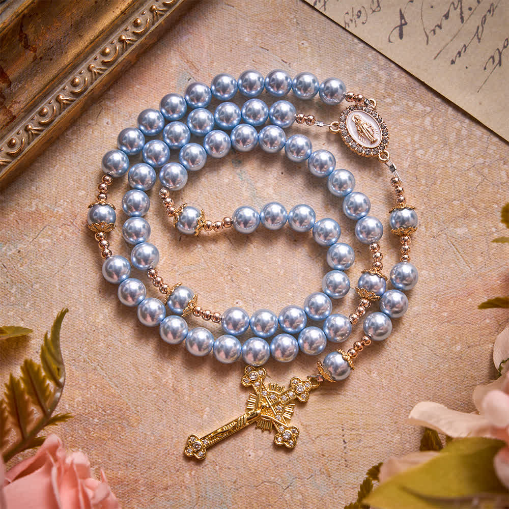 Christianartworkshop Sky Blue Pearl Our Lady Rosary With Jeweled Golden Crucifix: Emblem of Serene Heavenly Peace - image 2