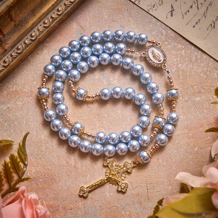 Christianartworkshop Sky Blue Pearl Our Lady Rosary With Jeweled Golden Crucifix: Emblem of Serene Heavenly Peace - image 2