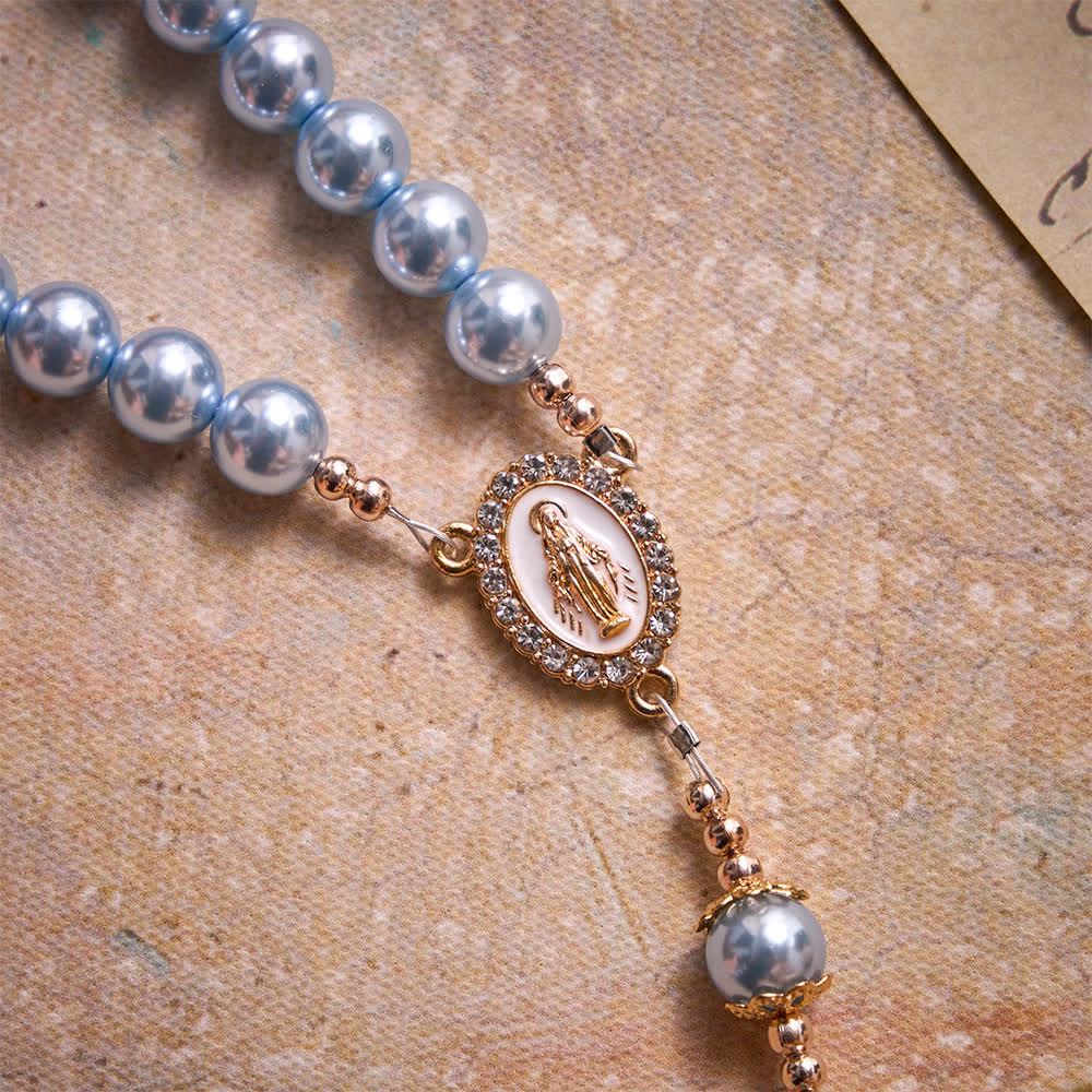 Christianartworkshop Sky Blue Pearl Our Lady Rosary With Jeweled Golden Crucifix: Emblem of Serene Heavenly Peace - image 6