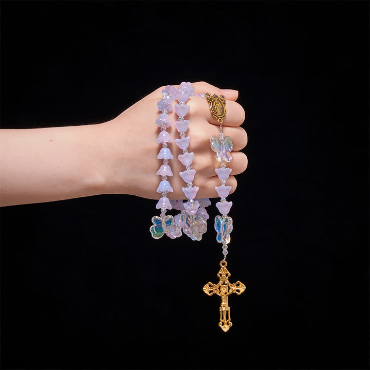 Christianartworkshop Gradient Iridescent Lily of the Valley Glass Rosary With Butterfly Charms: Emblem of Gentle Heavenly Blessings - image 1