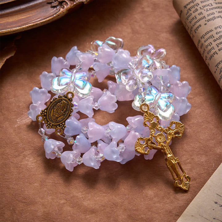 Christianartworkshop Gradient Iridescent Lily of the Valley Glass Rosary With Butterfly Charms: Emblem of Gentle Heavenly Blessings - image 3