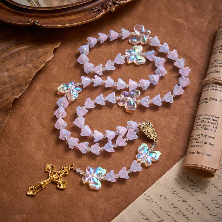 Christianartworkshop Gradient Iridescent Lily of the Valley Glass Rosary With Butterfly Charms: Emblem of Gentle Heavenly Blessings - Iridescent Lily Rosary - image 0