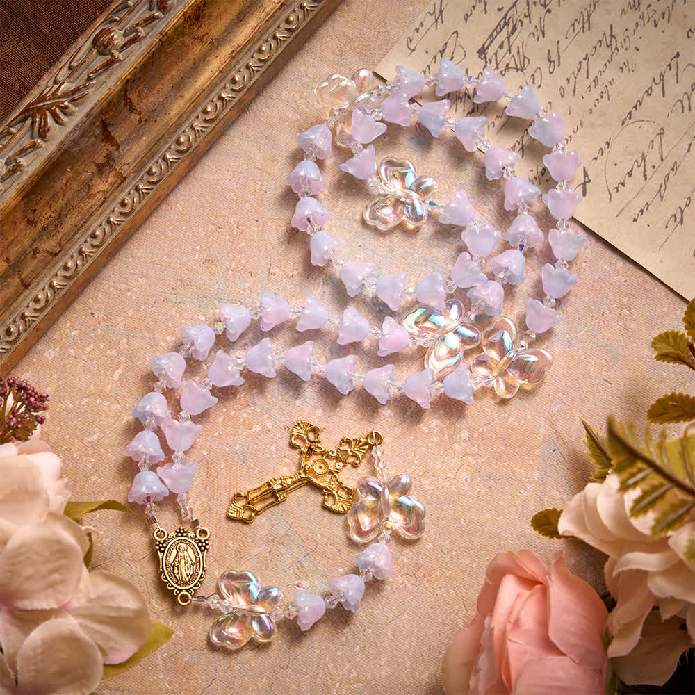 Christianartworkshop Gradient Iridescent Lily of the Valley Glass Rosary With Butterfly Charms: Emblem of Gentle Heavenly Blessings - image 2
