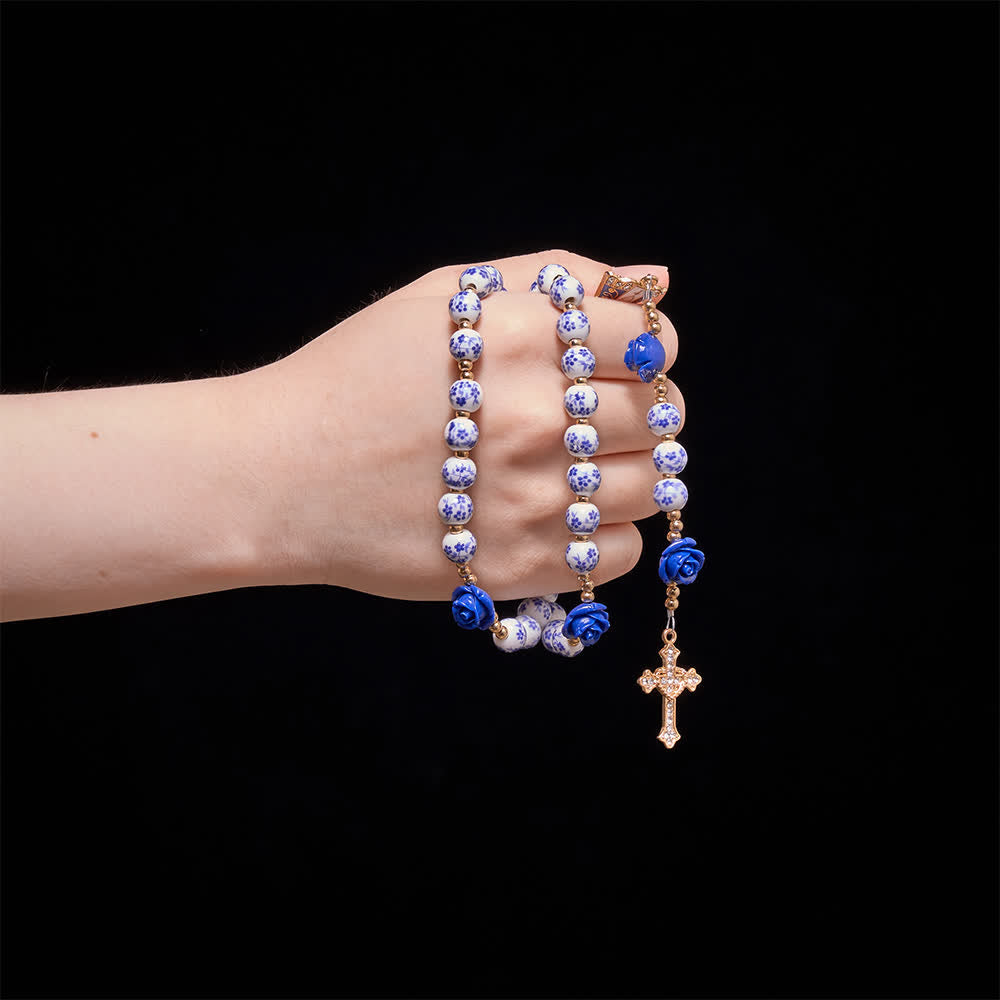 Christianartworkshop Blue Porcelain Bead Rosary With Blue Rose Ornaments & Our Lady of Aparecida Medal - image 1