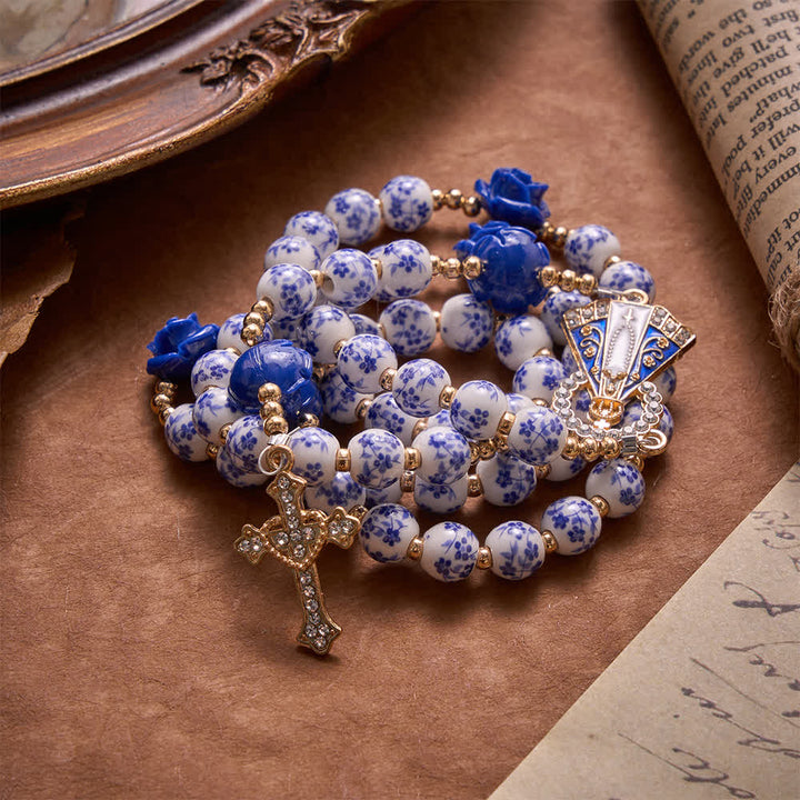 Christianartworkshop Blue Porcelain Bead Rosary With Blue Rose Ornaments & Our Lady of Aparecida Medal - image 4