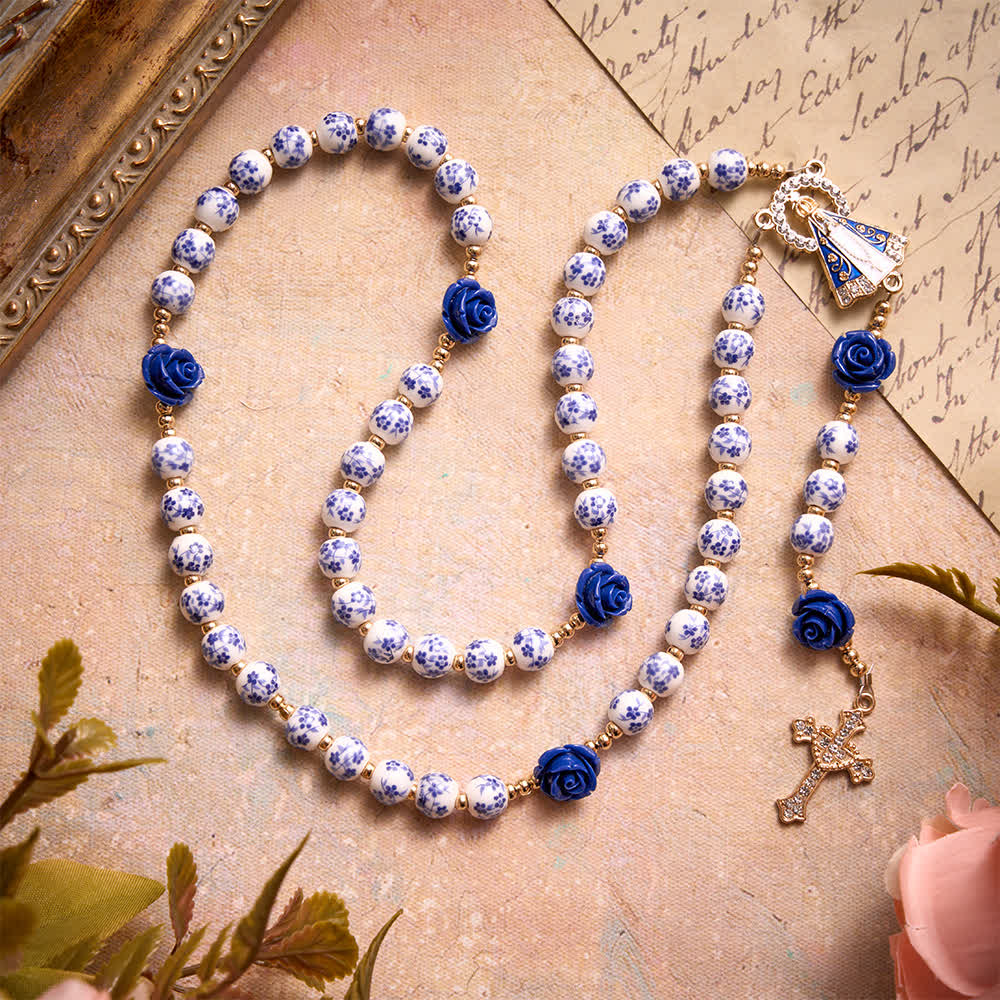 Christianartworkshop Blue Porcelain Bead Rosary With Blue Rose Ornaments & Our Lady of Aparecida Medal - image 2