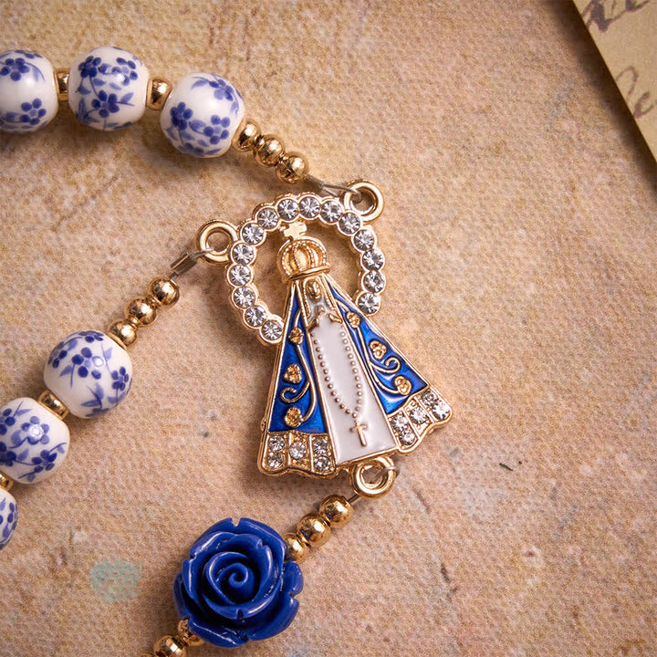 Christianartworkshop Blue Porcelain Bead Rosary With Blue Rose Ornaments & Our Lady of Aparecida Medal - image 6
