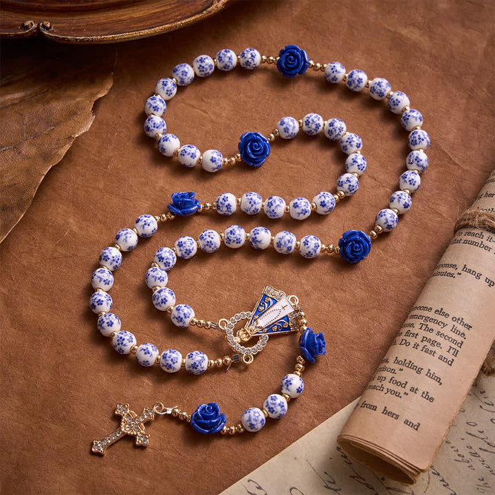 Christianartworkshop Blue Porcelain Bead Rosary With Blue Rose Ornaments & Our Lady of Aparecida Medal - image 3