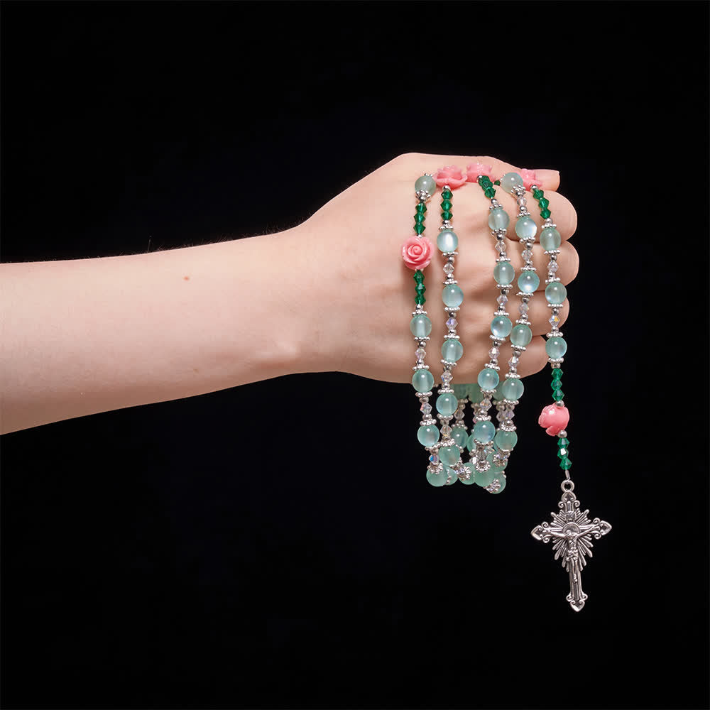 Christianartworkshop Mint Cat Eye Rosary With Sculpted Rose Beads & Vintage Cross: Emblem of Blossoming Heavenly Grace - image 1