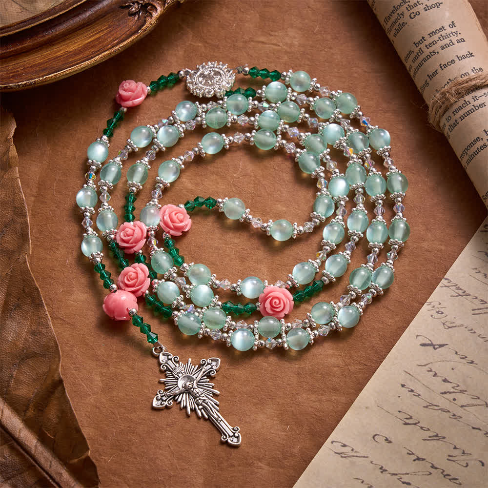 Christianartworkshop Mint Cat Eye Rosary With Sculpted Rose Beads & Vintage Cross: Emblem of Blossoming Heavenly Grace - Mint Cat Eye Rosary - image 0