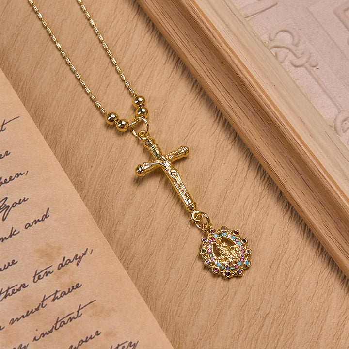 Christianartworkshop Carved Crucifix & Jeweled Holy Medallion Necklace: Emblem of Tender Heavenly Intercession - Multicolor Round Stone Border - image 2
