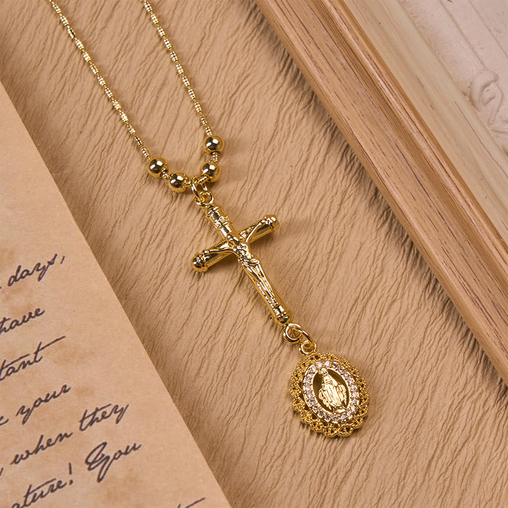 Christianartworkshop Carved Crucifix & Jeweled Holy Medallion Necklace: Emblem of Tender Heavenly Intercession - Clear Crystal Stone Border - image 4