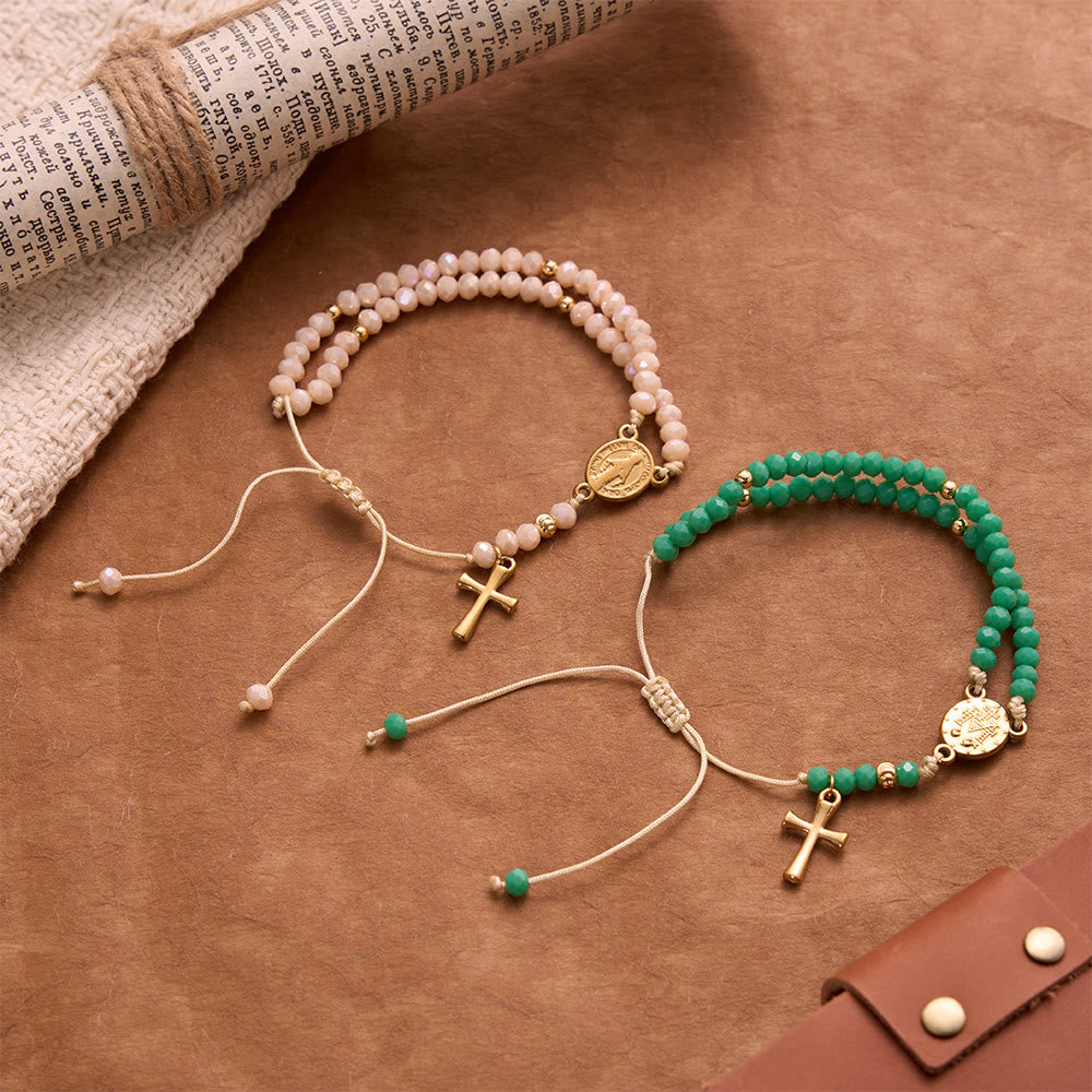 Christianartworkshop Faceted Crystal Bead Knotted Rosary Bracelet With Cross Charm: Emblem of Gentle Celestial Blessings - Pink+Green - image 13