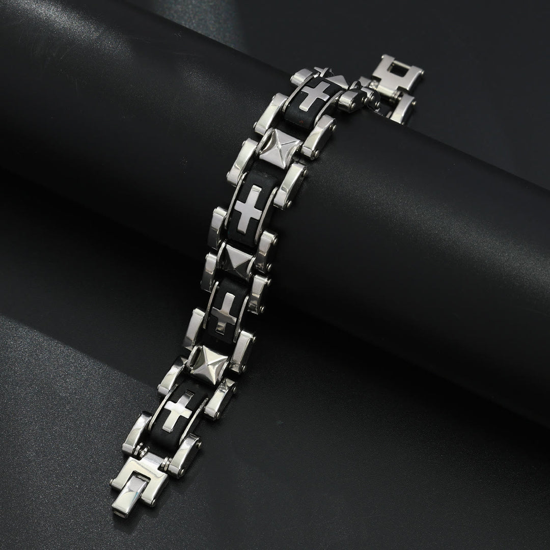Christianartworkshop Rugged Biker Style Cross Inlaid Wrist Bracelet: Emblem of Unwavering Inner Serenity - Silver - image 9