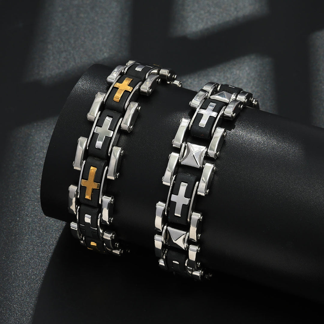 Christianartworkshop Rugged Biker Style Cross Inlaid Wrist Bracelet: Emblem of Unwavering Inner Serenity - image 0