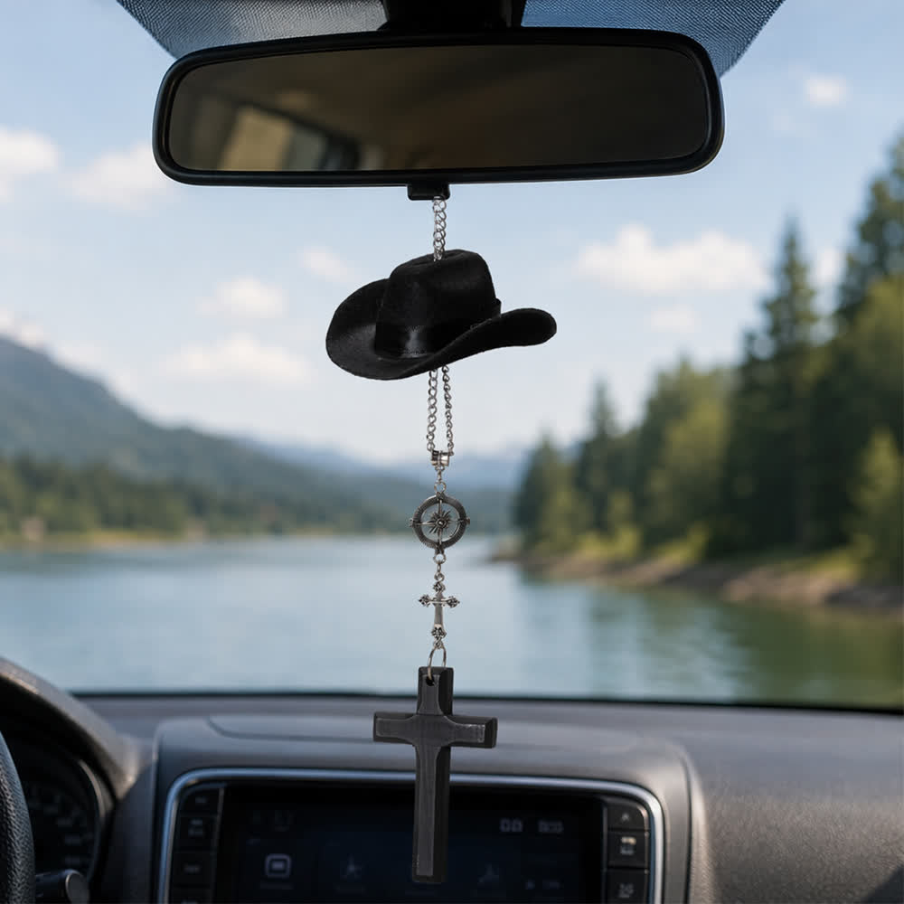 Christianartworkshop Cowboy Hat Compass Wooden Cross Car Pendant: Timeless Token of Steady Heavenly Guidance - Black - image 0