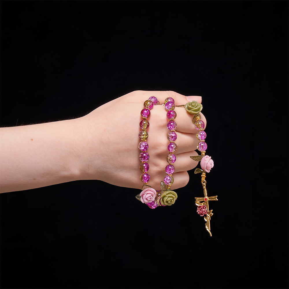Christianartworkshop Pink & Green Crackle Faceted Glass Bead Rose Floral Our Lady Cross Rosary - image 1