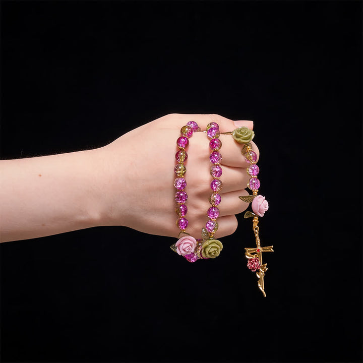 Christianartworkshop Pink & Green Crackle Faceted Glass Bead Rose Floral Our Lady Cross Rosary - image 1