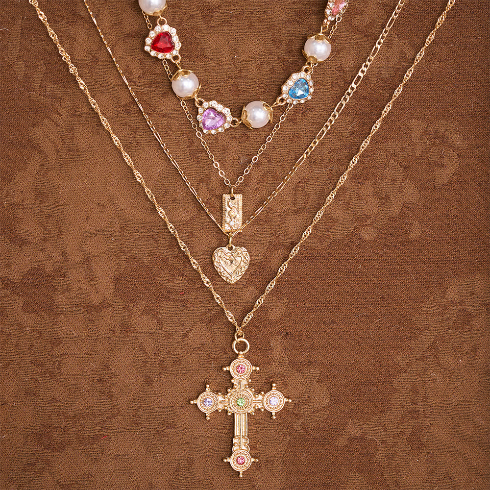 Christianartworkshop Vintage Layered Jeweled Cross & Pearl Heart Chain Necklace: Emblem of Timeless Heavenly Mercy - image 1