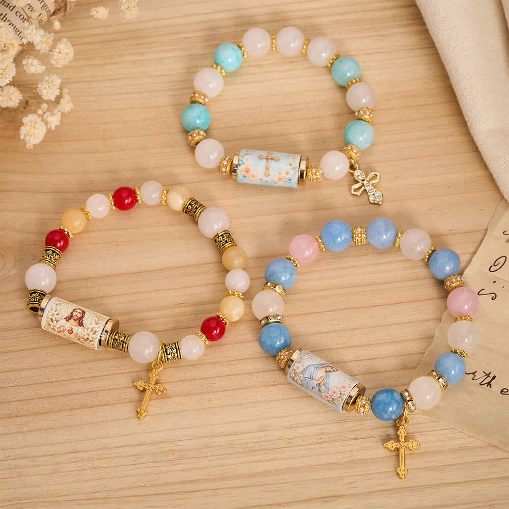 Christianartworkshop Vintage Printed Cylinder Bead Bracelet With Cross Charm: Emblem of Gentle Heavenly Mercy - image 1