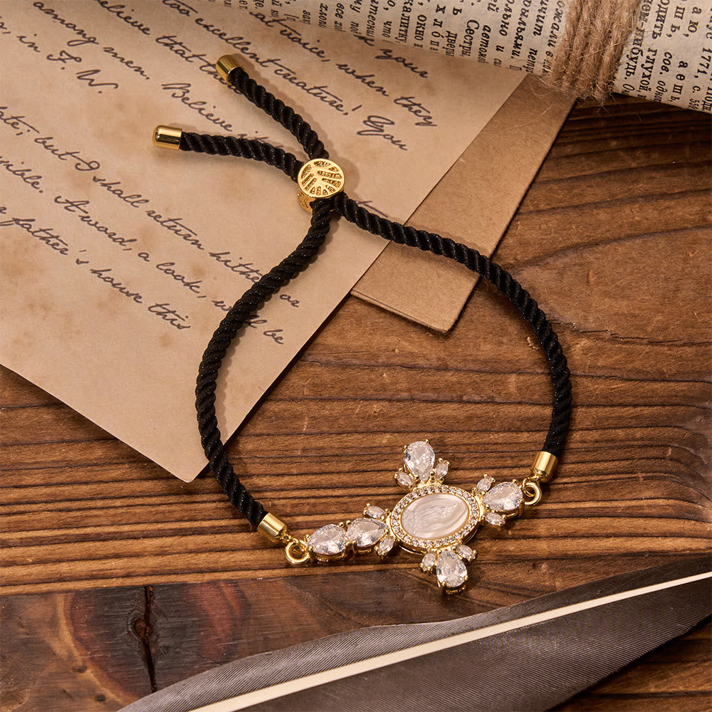 Christianartworkshop Braided Cord Bracelet With Virgin Mary Portrait Jeweled Cross: Emblem of Motherly Heavenly Mercy - Black - image 2