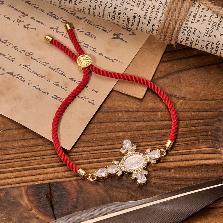 Christianartworkshop Braided Cord Bracelet With Virgin Mary Portrait Jeweled Cross: Emblem of Motherly Heavenly Mercy - Red - image 4