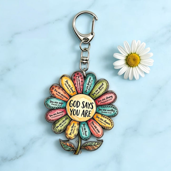 Christianartworkshop Vibrant 2D Flat Daisy God Says You Are Acrylic Keychain: Emblem of Uplifting Heavenly Affirmation - GOD SAYS YOU ARE - image 0