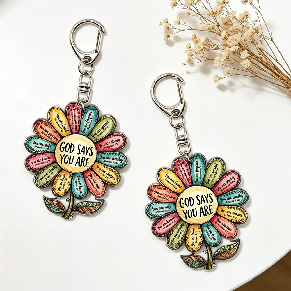 Christianartworkshop Vibrant 2D Flat Daisy God Says You Are Acrylic Keychain: Emblem of Uplifting Heavenly Affirmation - image 2