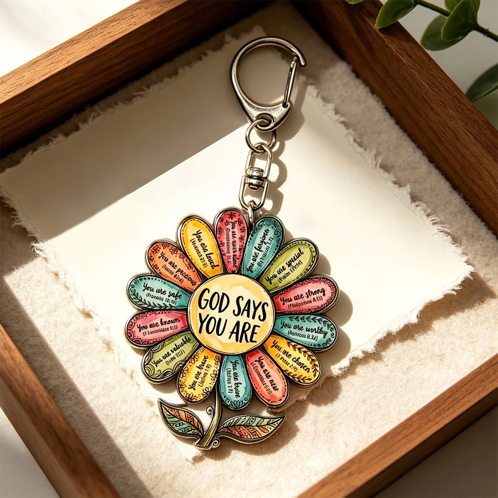 Christianartworkshop Vibrant 2D Flat Daisy God Says You Are Acrylic Keychain: Emblem of Uplifting Heavenly Affirmation - image 3