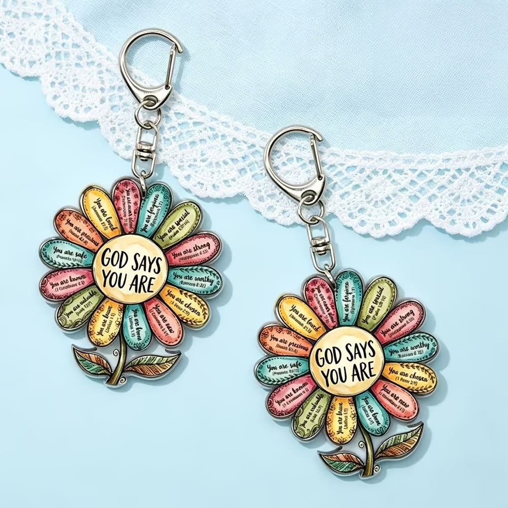 Christianartworkshop Vibrant 2D Flat Daisy God Says You Are Acrylic Keychain: Emblem of Uplifting Heavenly Affirmation - image 1