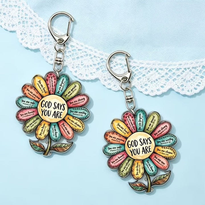 Christianartworkshop Vibrant 2D Flat Daisy God Says You Are Acrylic Keychain: Emblem of Uplifting Heavenly Affirmation - image 1