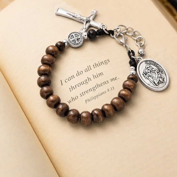 Christianartworkshop Natural Wood Bead St. Christopher Rosary Bracelet: Emblem of Safe Voyage Heavenly Protection - Medium Brown - image 0