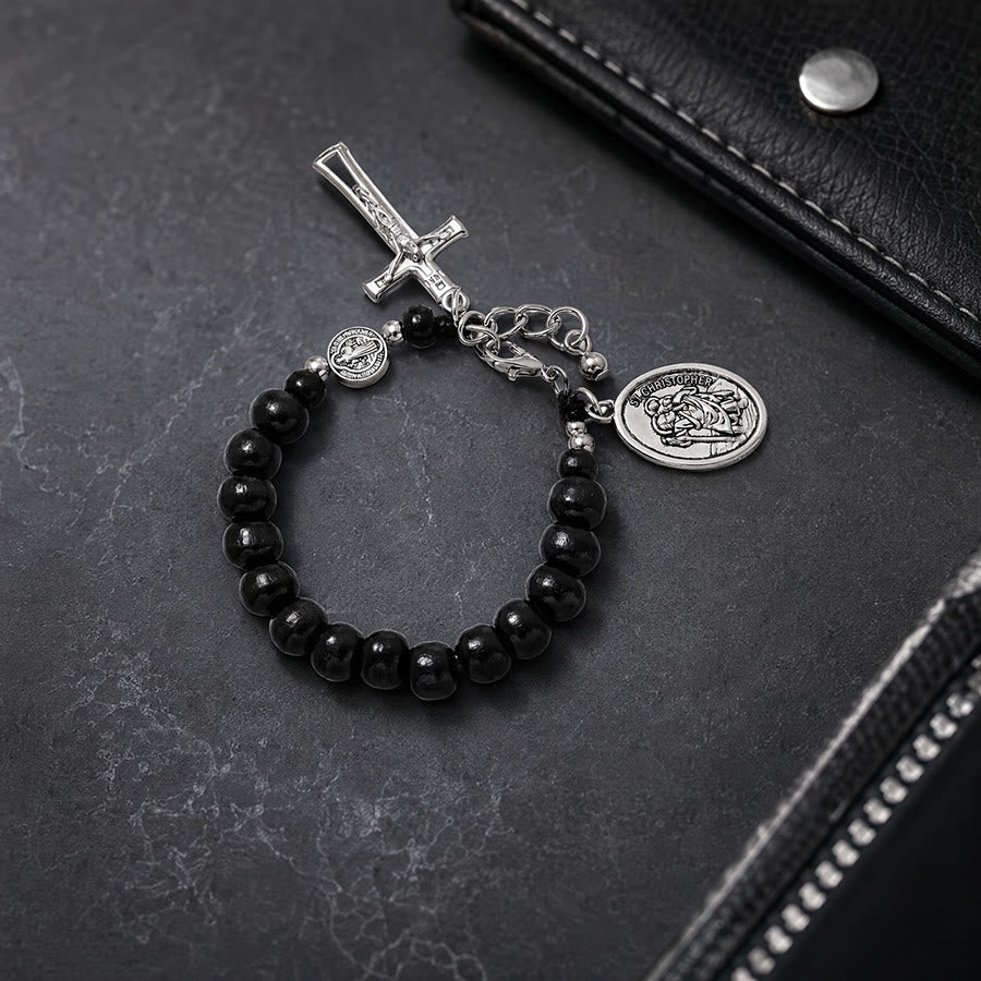 Christianartworkshop Natural Wood Bead St. Christopher Rosary Bracelet: Emblem of Safe Voyage Heavenly Protection - Black - image 7