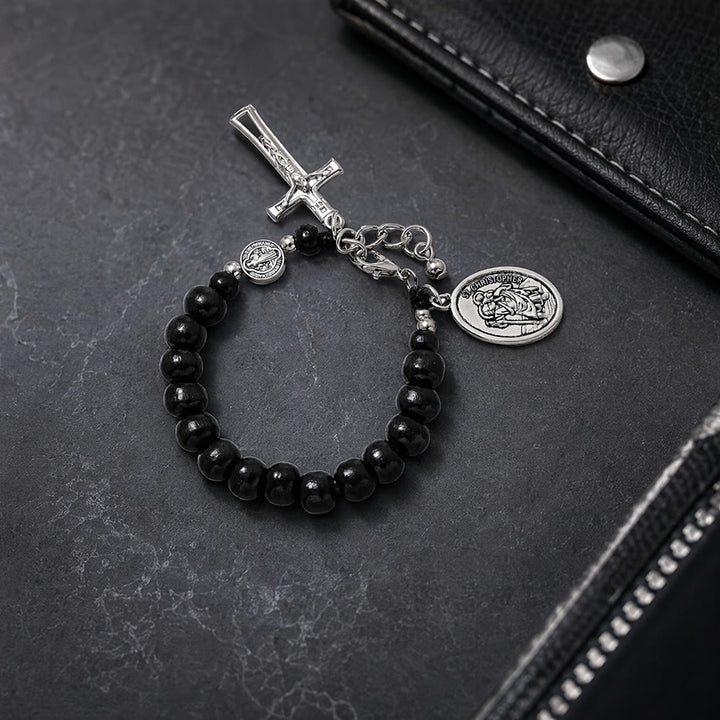 Christianartworkshop Natural Wood Bead St. Christopher Rosary Bracelet: Emblem of Safe Voyage Heavenly Protection - Black - image 7