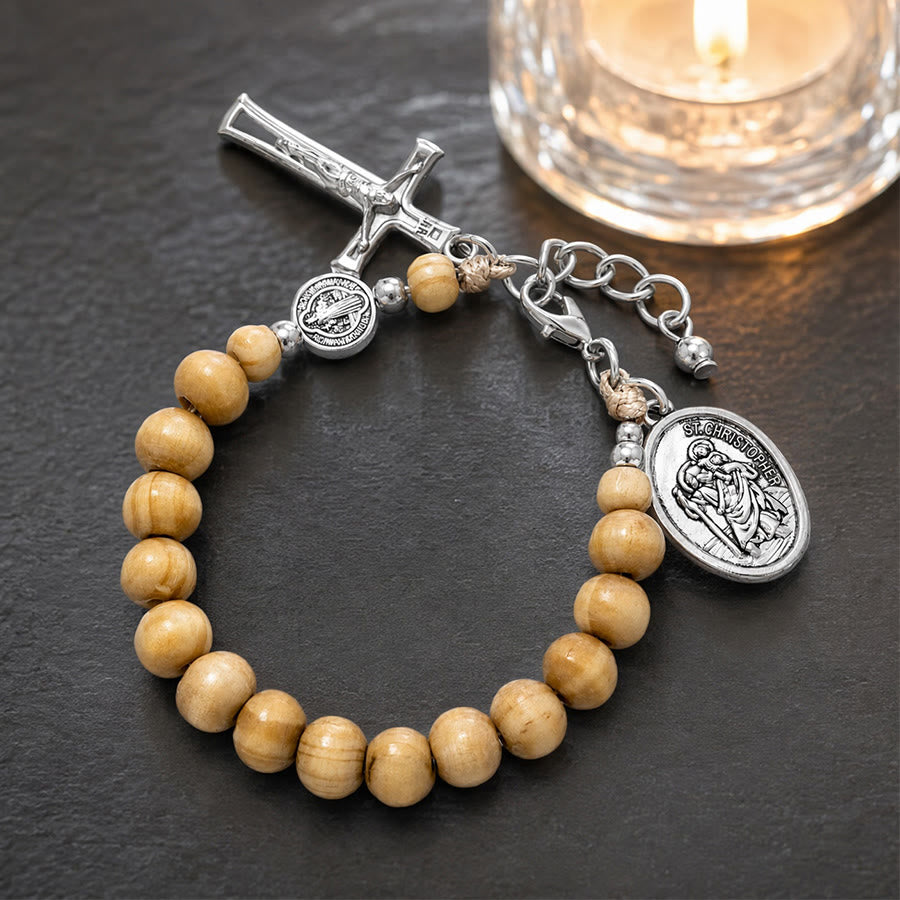Christianartworkshop Natural Wood Bead St. Christopher Rosary Bracelet: Emblem of Safe Voyage Heavenly Protection - Light Natural Wood - image 13